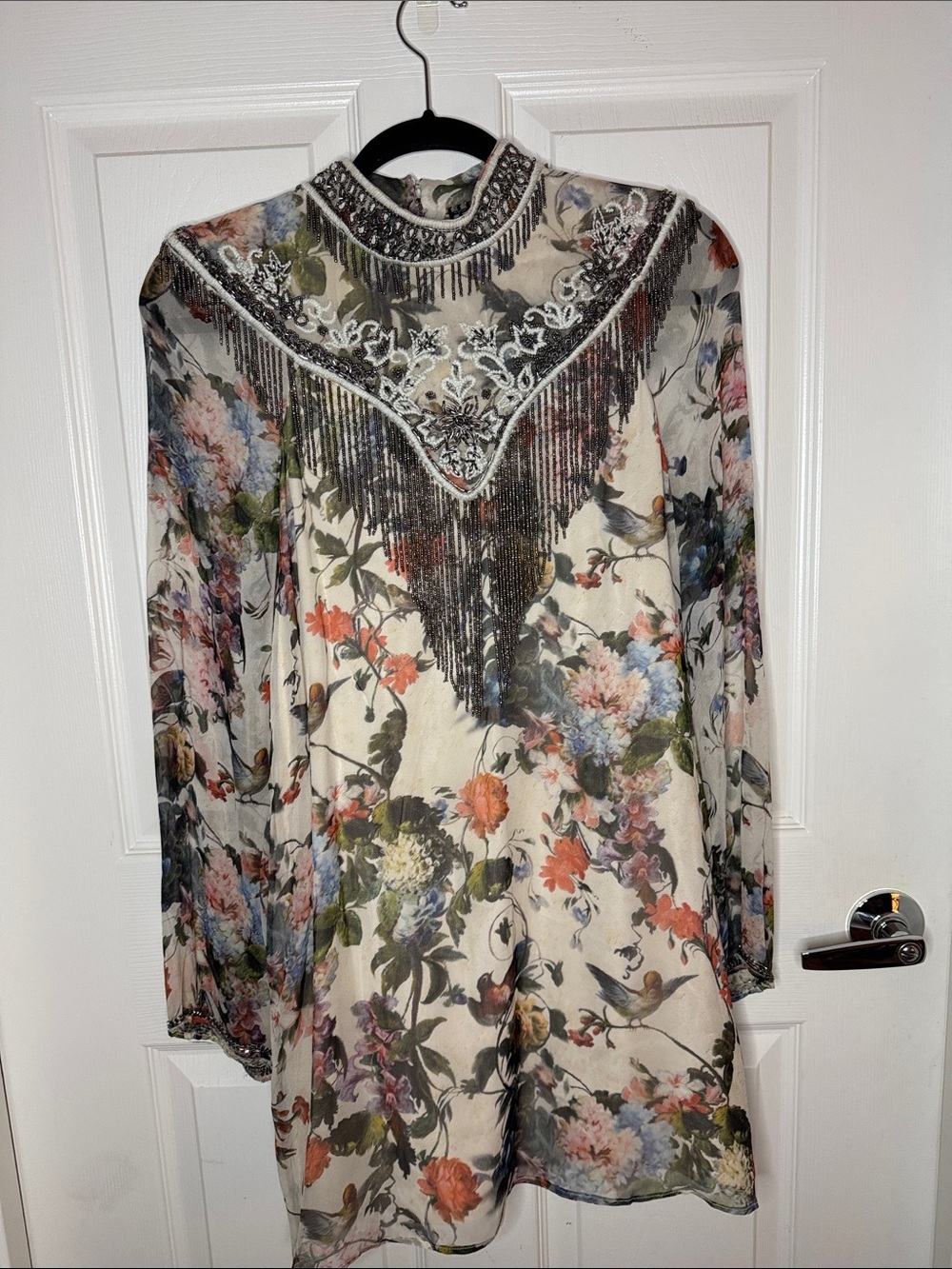 Haute Hippe Floral Fringe Embellished Long Sleeve Mini Dress - Cream Multi